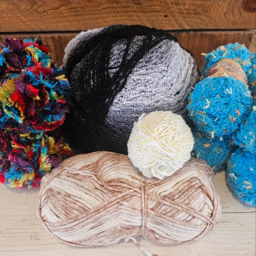 2+ Lbs. of Acrylic Novelty Yarns B&W, Multi, Yellow, Tan & Turquoise